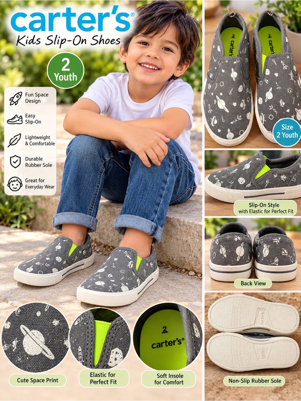 Carter's Grey Slip-On Kids Shoes with Green Accents